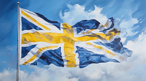 Artistic Flag Union The image 'BeSund: Artistic Union' is an oil painting where the British Union Jack and the Swedish flag come together, each forming one half of the canvas. The vibrant colors of the flags merge in the center, symbolising the fusion of British and Swedish cultures. This image represents 'What is BeSund?' - an artistic union of cultures.