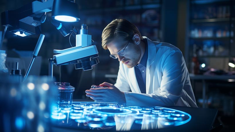 The image 'The Pursuit of Evidence-Based Health' depicts a scientist meticulously examining a petri dish under a microscope, symbolising the pursuit of evidence-based health.