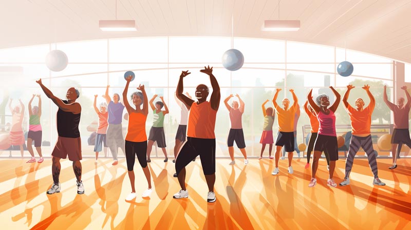 A diverse group of older adults participating in a fitness class in a bright, spacious gym, demonstrating the social and communal aspects of regular exercise and ageing.