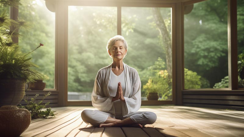 An older adult practicing yoga in a serene environment, emphasising the importance of balance and flexibility in maintaining an active lifestyle as we age.