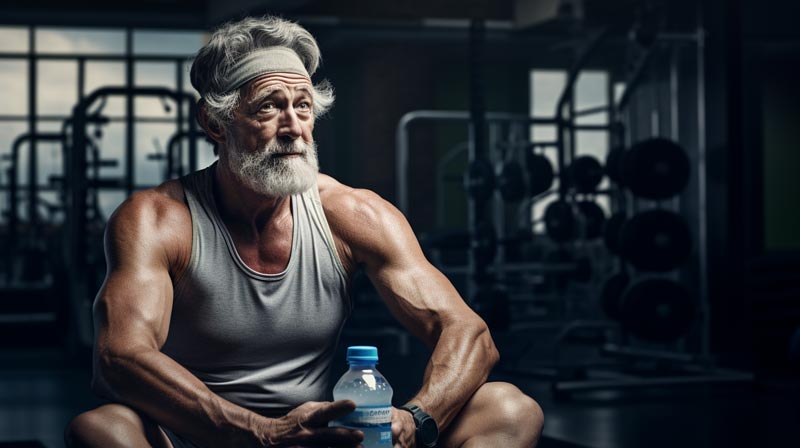 An older adult in workout clothes, taking a break from exercise to drink water, emphasising the importance of hydration during physical activity.