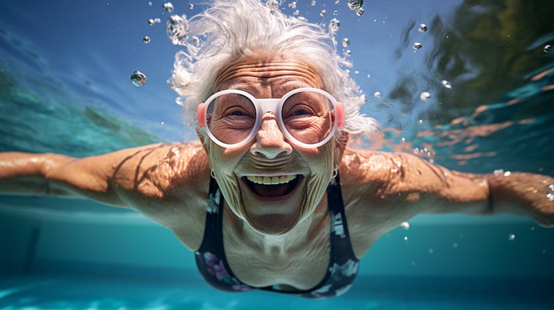 An older adult is energetically swimming in an outdoor pool, their face showing happiness and vitality, symbolising the positive impact of regular aerobic exercise on ageing.