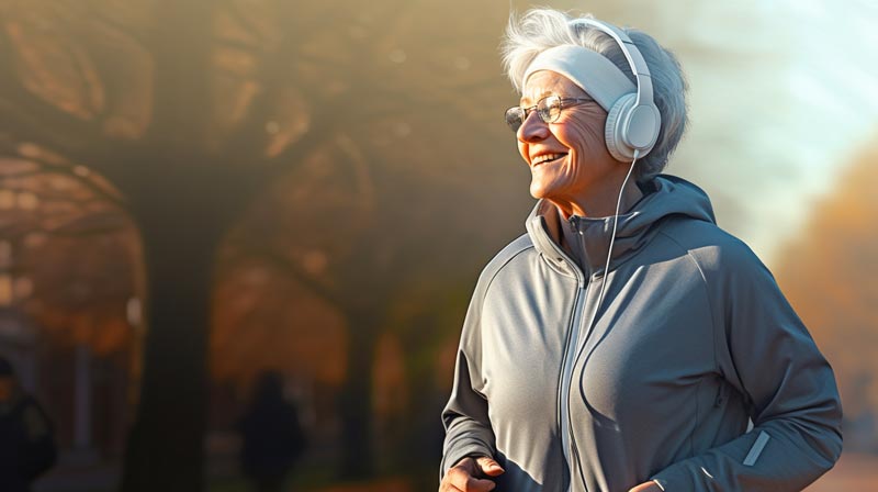 An older adult is engaging in a brisk walk in a park during sunrise, symbolising Ageing and Exercise. The importance of regular exercise in maintaining health and vitality in old age.