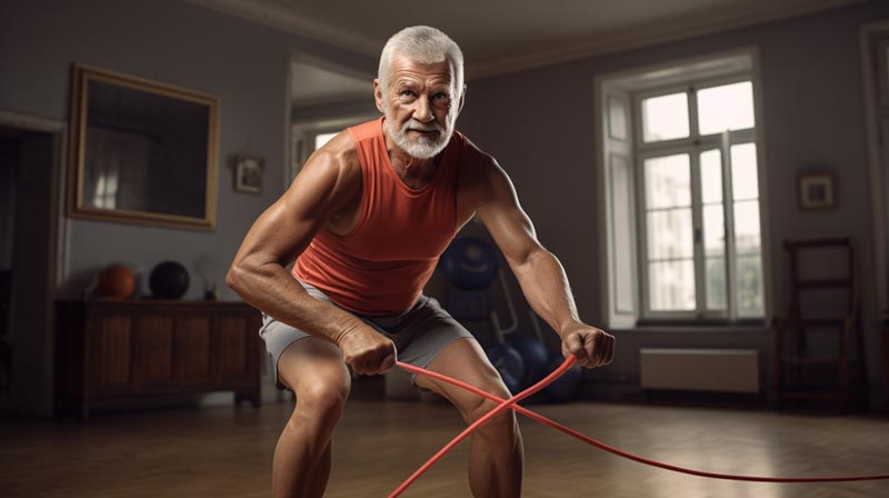 A normal older adult using resistance bands for exercise, demonstrating the importance of strength training in maintaining health with ageing and exercise.