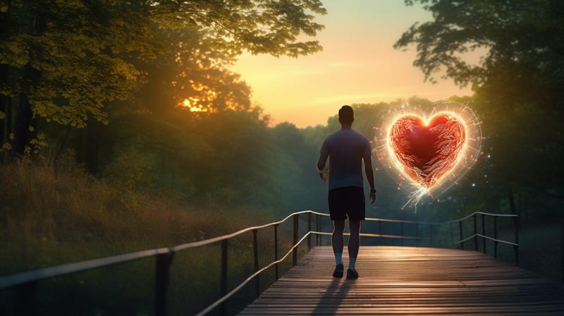 Image of a person walking on a nature trail with a superimposed vibrant heart and pulsating heartbeat, symbolising real-time cardiovascular health monitoring.