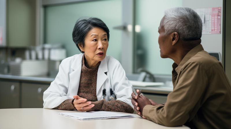 A side view showing the faces of a healthcare provider and an Alzheimer's patient, both engaged in discussing an exercise plan in a doctor's room for Physical Activity and Alzheimer's Progression.