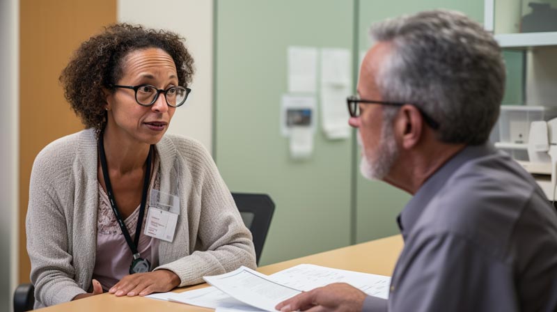 A side view showing the faces of a healthcare provider and an Alzheimer's patient, both engaged in discussing an exercise plan in a doctor's room for Alzheimer’s Disease and Physical Wellness.