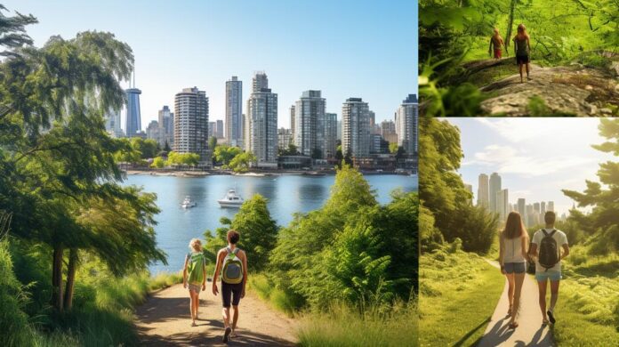 A collage capturing diverse individuals walking in a park, city, beach, and forest, on 5,000 Steps a Day Health Benefits trail.