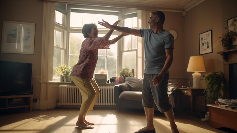 An elderly lady doing light exercises, assisted by a caregiver in a home environment, demonstrating the use of Physical Activity and Alzheimer's Progression to tackle the condition.