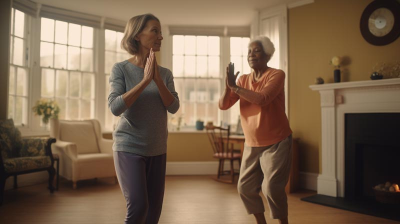 An elderly ladydoing light exercises, assisted by a caregiver in a home environment.