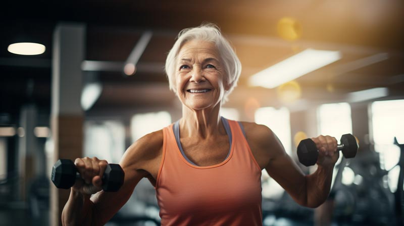 A medium shot of an elderly lady in a gym with resistance bands, light dumbbells, and a water bottle, epitomising the blend between Alzheimer’s Disease and physical wellness.