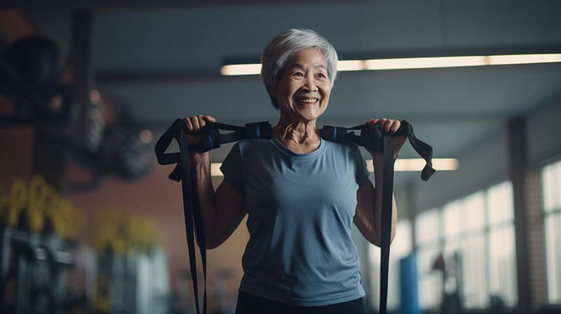 A medium shot of an elderly lady in a gym with resistance bands, light dumbbells, and a water bottle, epitomising the blend between Alzheimer’s Disease and physical wellness.