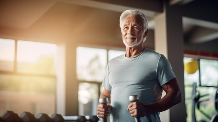 A medium shot of an elderly lady in a gym with resistance bands, light dumbbells, and a water bottle, epitomising the blend between Physical Activity and Alzheimer's Progression.