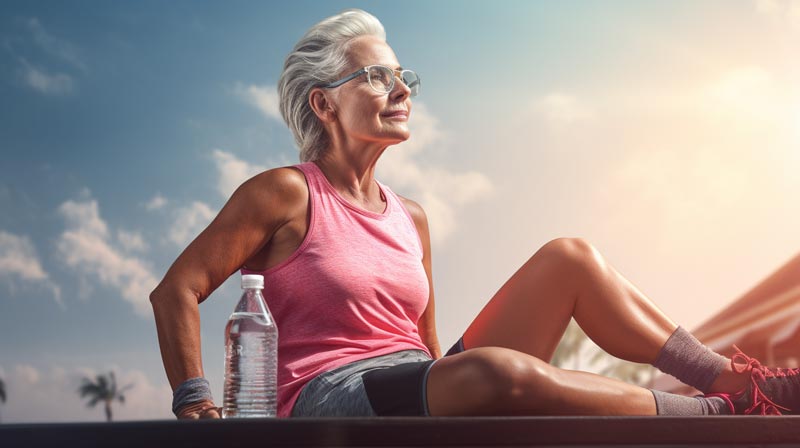 An older woman in workout attire taking a break to hydrate during their exercise routine, emphasising the importance of hydration in conjunction with regular exercise.