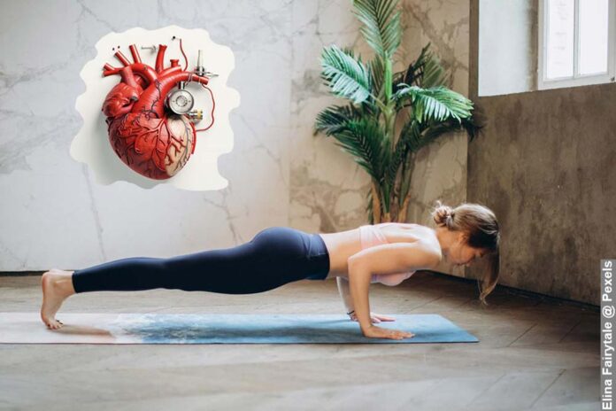 A person in gym attire performing a plank exercise on one side of the image and a blood pressure monitor on the other side, symbolising Lowering High Blood Pressure with Isometric Resistance Training.