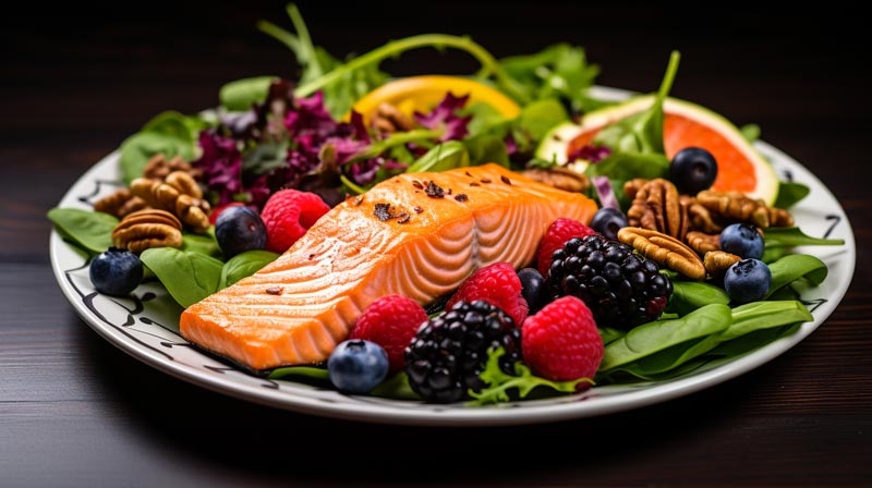 A close-up of a balanced plate featuring Omega-3-rich salmon, walnuts, and a vibrant mix of berries and leafy greens.