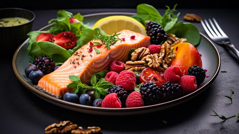 A close-up of a balanced plate featuring Omega-3-rich salmon, walnuts, and a vibrant mix of berries and leafy greens.