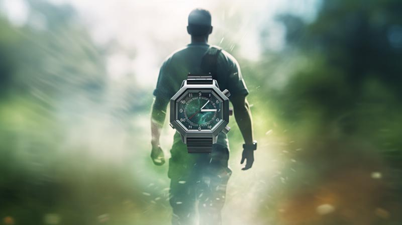 Full-bodied person walking with an artistically superimposed transparent sports watch, representing the connection between time and motion and 5,000 Steps a Day Health Benefits target.