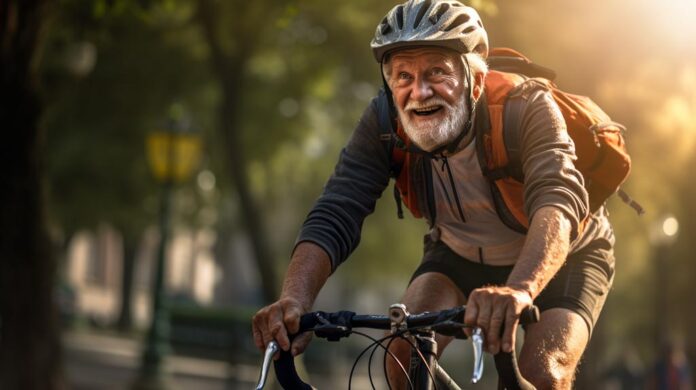 An older individual, full of vitality, engaging in an outdoor exercise cycling activity, symbolising the benefits of regular exercise and ageing and an active lifestyle.