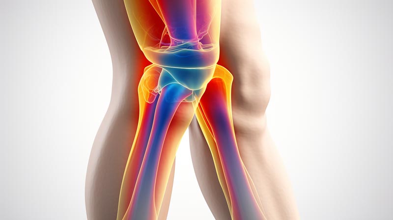 A cross-sectional illustration of a human knee joint, showing layers of cartilage, ligaments, and bone. Gradient colours highlight areas commonly affected by osteoarthritis, highlighting arthritis and joint health for active living.