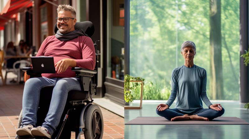 A middle-aged person practicing yoga on one side and another using assistive technology on the other side.