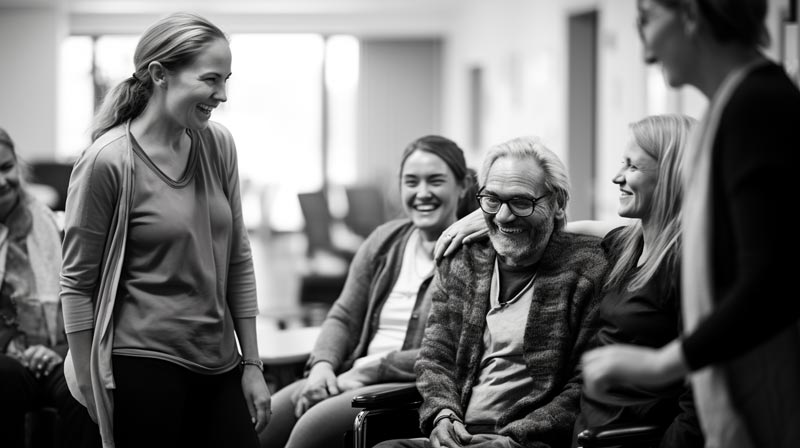 Long-term impact of stroke on recovery with a stroke survivor sitting and smiling, surrounded by family members and healthcare providers in a rehabilitation centre.