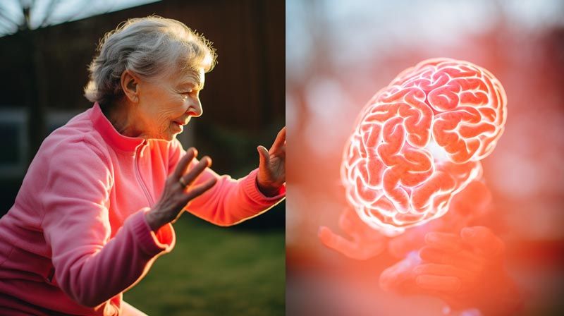 A split image featuring a detailed brain MRI scan on the left and an elderly woman practising Tai Chi on the right, illustrating the dual aspects of stroke and physical recovery.