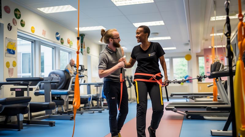 An image depicting a healthcare professional assisting a stroke survivor in performing resistance training exercises, set within a credible and inspirational rehabilitation centre.