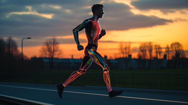 Arthritis and joint health for active living. A silhouette of a jogger with a transparent skeletal overlay, highlighting the joints in different colours.