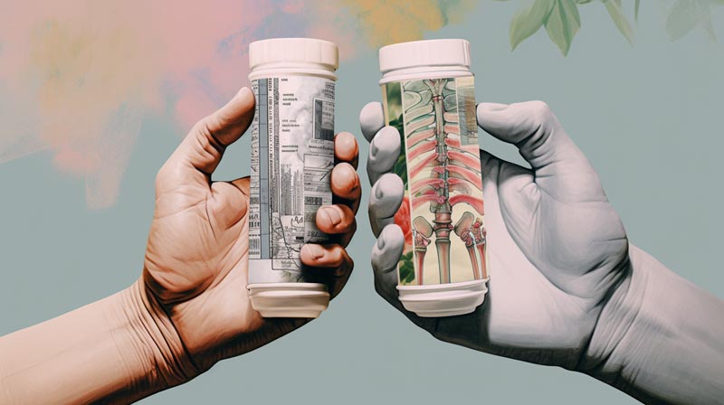 A contrasting image showing one hand holding a medical prescription and another holding natural supplements, with a faded knee joint x-ray in the background on bottle.