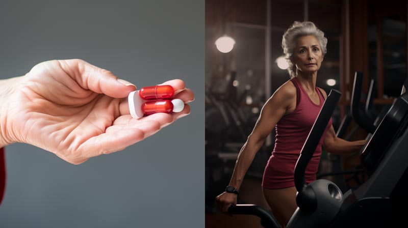 A split image showing a hand holding a vial of pills on the left and a middle-aged lady lifting weights on the right, representing medication vs. exercise for arthritis management.