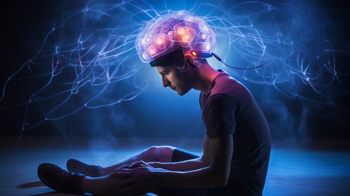 Long-term effects of stroke. A person in physical therapy for stroke recovery with a superimposed glowing brain.