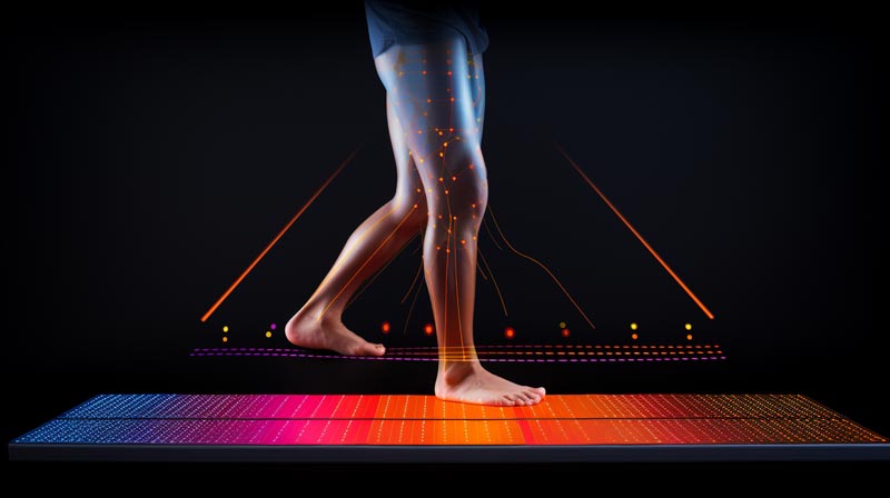 A human leg is shown stepping on a pressure-sensitive mat, overlaid with colours that indicate varying pressure points, extending in gradients from the foot to the hip.