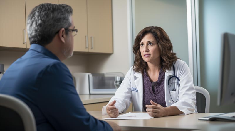 Healthcare provider discussing stroke prevention strategies with a middle-aged patient in a medical office.