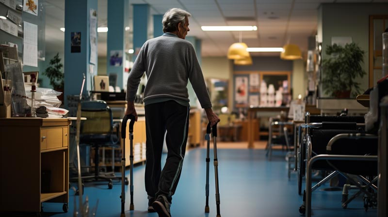 An image of a man struggling to walk with a cane against the backdrop of a rehabilitation room, capturing the challenges and journey of post stroke and physical recovery.