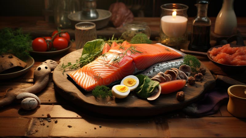 A plate of various foods rich in Vitamin D, including salmon, sardines, red meat, liver, egg yolks, and mushrooms, set on a wooden dining table.