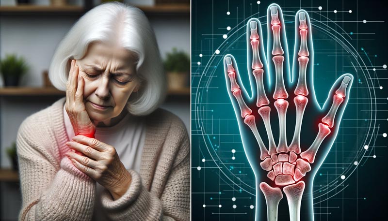 Understanding arthritis and joint health, senior woman experiencing arthritis symptoms with an infographic detailing the condition.