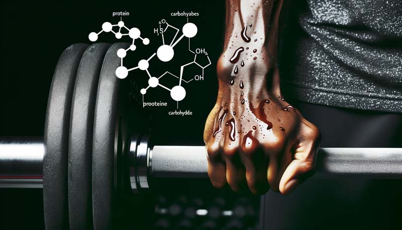 Athlete gripping a weight with protein and carbohydrate molecules