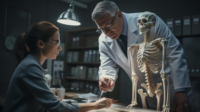 Understanding arthritis and joint health, a female and male doctor examining a full-size anatomical skeleton model, focusing on the knee joint.