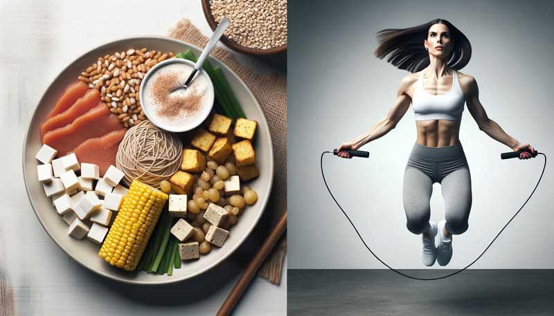 Carbohydrate-protein connection, a balanced meal and a female athlete performing a jump rope workout.