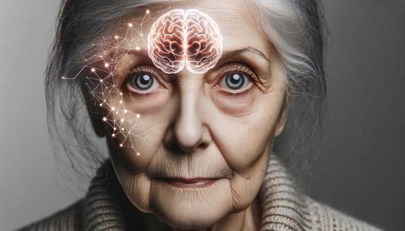 Elderly woman with sharp eyes and overlay of an active brain.