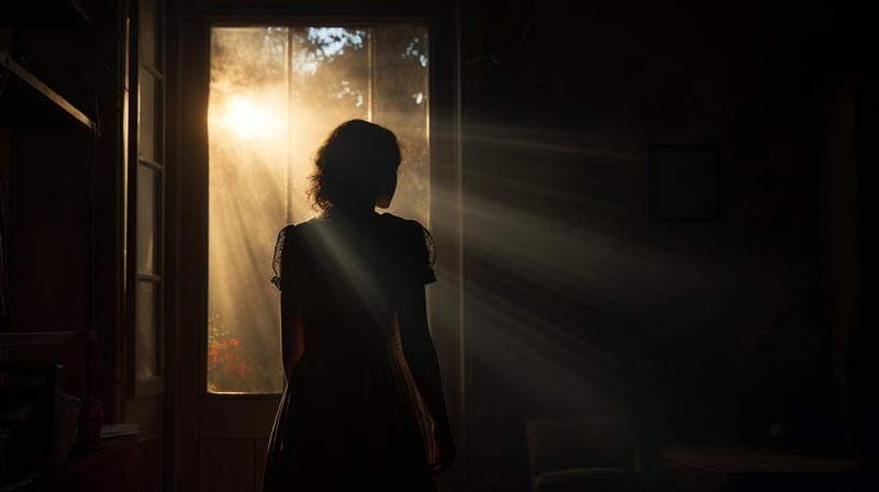 A photorealistic image of a lady standing in a dark room, looking out of a window at a bright, sunny day.