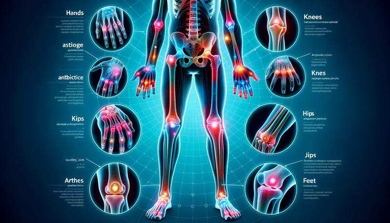 Human body silhouette highlighting various joints affected by arthritis and its progression.