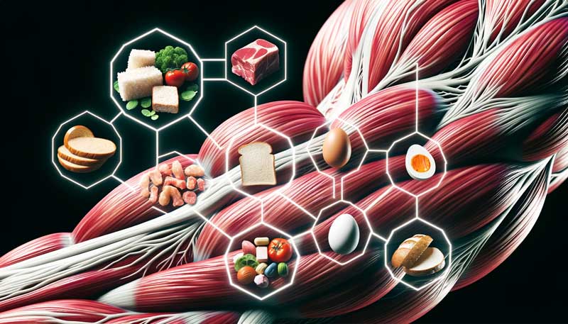 Detailed muscle fibres with overlay icons of protein and carbohydrate-rich foods.