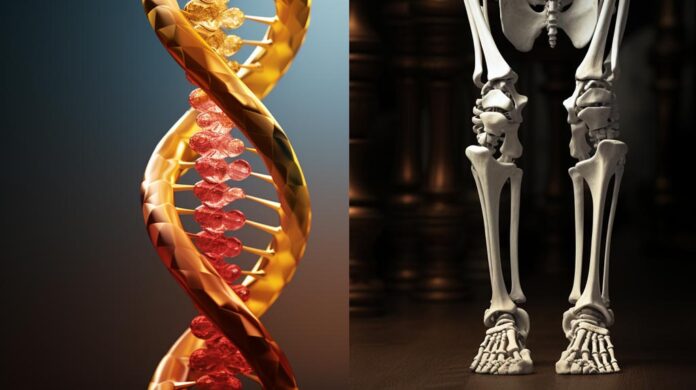 A photorealistic split image featuring a strong bone structure on the left and a DNA helix on the right, signifying the importance of Vitamin D. Set against a clinical backdrop.