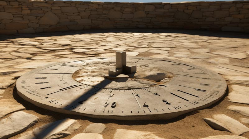 The importance of Vitamin D, A stone sundial in a barren garden, its shadow pointing at noon, under a glaring sun.