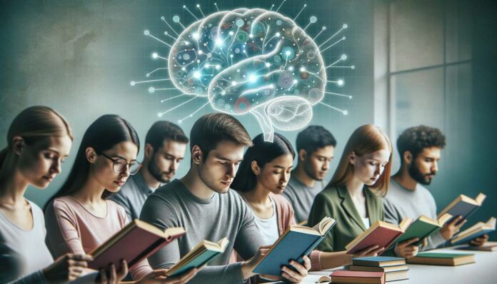 Diverse individuals in a study setting, engrossed in reading books in various languages, with a transparent brain graphic highlighting neural connections. Illustrating how being bilingual boosts mental health