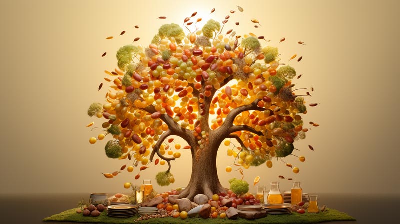 Importance of Vitamin D, a tree shaped like the sun, with branches holding various sources of Vitamin D such as supplements and foods.