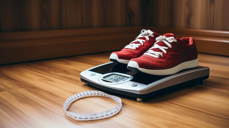 Understanding arthritis and joint health, making sure to take all facts into consideration. Trainers and weighing scale on a wooden floor, symbolising weight management for arthritis prevention.