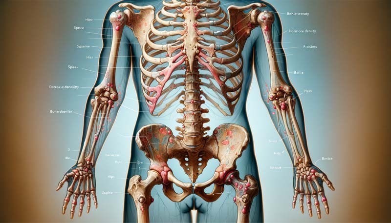 An anatomical illustration focusing on bone health in cancer patients, particularly those undergoing hormone therapy or chemotherapy, and highlighting the impact of cancer on physical health. The detailed image underscores areas of the skeletal system most affected by treatment, such as decreased bone density and increased fracture risk, with particular attention to the spine, hips, and wrists.